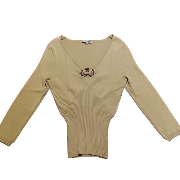 Hannah Jones New York 60'S Cropped Green Knit Top with Wood Accents - Picture 1 of 10